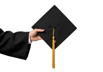 A hand in a graduation gown holds a black academic mortarboard cap with a gold tassel isolated on transparent background