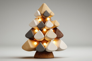 Sapin de Noël abstrait et conceptuel, composé de formes géométriques éclairées par des lumières LED dorées. Décoration de fête minimaliste, design moderne et élégant sur fond gris uni