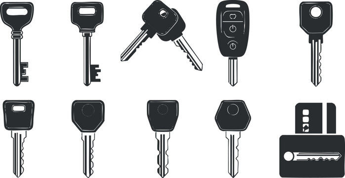A collection of various key designs including house keys and car keys in minimalist black and white vector style, ideal for security and access-related projects