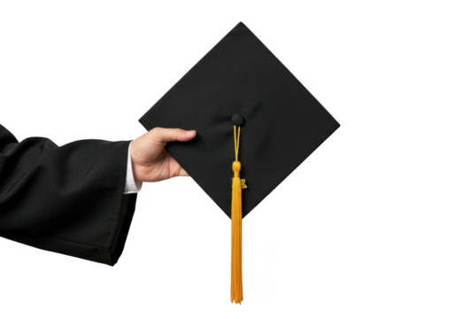 A hand in a graduation gown holds a black academic mortarboard cap with a gold tassel isolated on transparent background