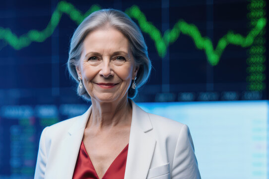 Professional mature woman smiles confidently, standing against backdrop of financial data and green market graphs. An experienced senior leader exudes success and wisdom