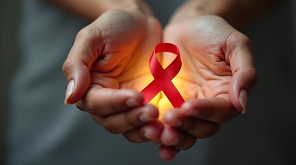 Moving World AIDS Day image of hands embracing a bright glowing red ribbon, warm light tones, delicate bokeh effects, and bold “1st December” text, symbolizing support and awareness