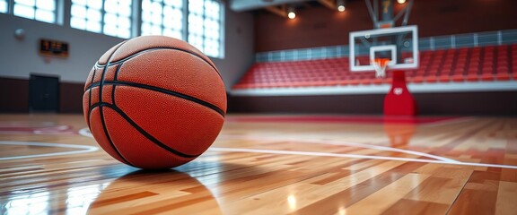 Close-up of basketball on hardwood court, game strategy playbook visible,  game,  sport