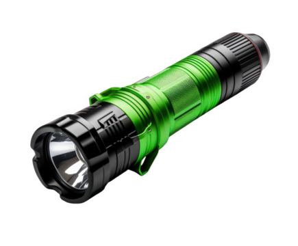Green and black flashlight isolated on white a portable lighting device for camping and emergencies