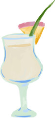 Hand-Drawn Watercolor Pina Colada Coconut Pineapple Cocktail