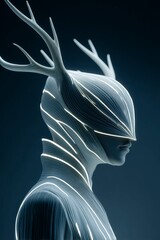 dark background, white glowing lines, neon light of antlers on the head of an elegant alien with long horns and beautiful features