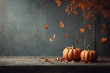 pumpkins and fall leaves on the ground, wooden background, leaves falling from above, orange color tones, dark gray wall in the back of the scene.