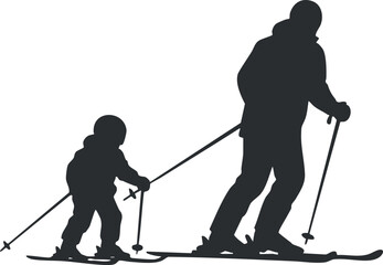 Naklejka premium A silhouette of a parent and child skiing together in a minimalist black vector style, ideal for winter sports and family activity themes