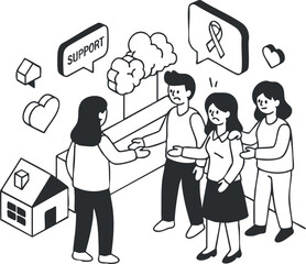 A group of people providing support and encouragement in a minimalist black and white vector style, ideal for mental health awareness and community outreach