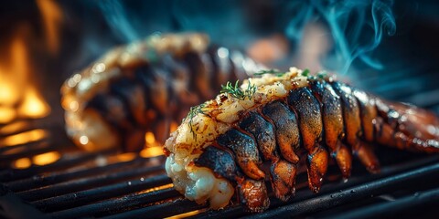 closeup of two lobster tails on the grill with smoke