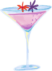 Watercolor Sketchy Pink Cosmopolitan Cocktail with Flower Garnish