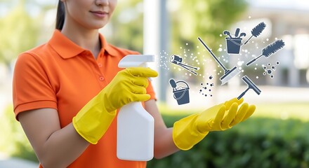 Woman preparing to clean with bottle and cleaning tools icons hovering