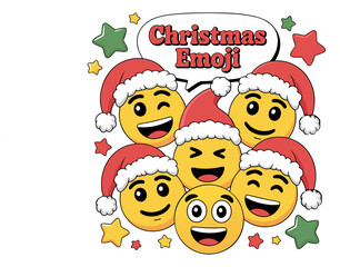 Festive christmas emoji collection smiling faces in santa hats with holiday stars for social media and seasonal designs joyful and expressive