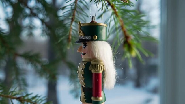Tiny nutcracker ornament sways on a fir branch, captured in a slow macro orbit with sparkling details and soft snowy daylight creating a delicate winter mood.