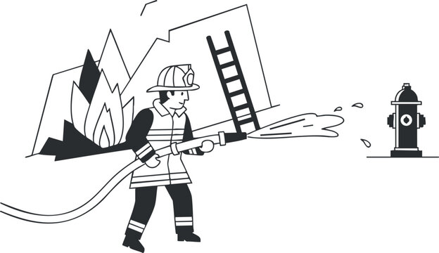 A firefighter using a hose to extinguish flames in black and white outline vector style, ideal for emergency services graphics