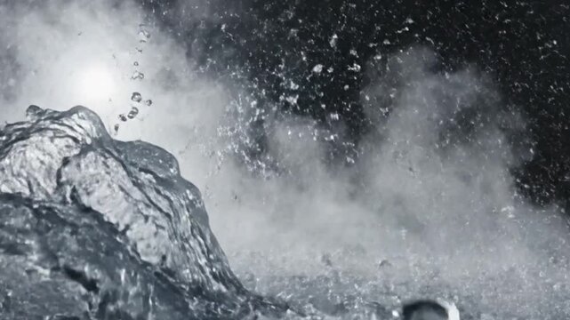  Side-view slow-motion of a water explosion heading toward the camera, larger droplets in front, fine mist in background, crisp cinematic detail.