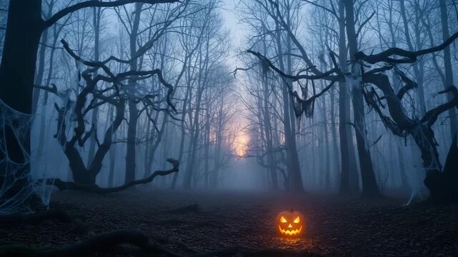 Halloween pumpkin glowing in foggy forest with bare trees at dusk  , amera moves forward, mysterious and spooky Halloween shinig eyes, atmosphere 