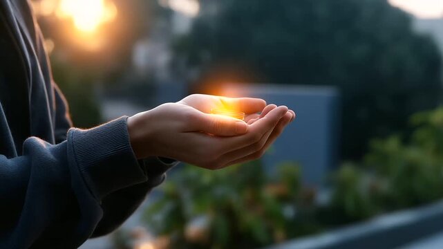Faceless person holding a small glowing object, warm light creating a feeling of hope, softly blurred surroundings, with copy space