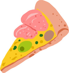 Hand-Drawn Watercolor Pizza Slice with Ham Meat Topping