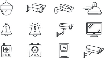 A collection of security camera and alert icons in clean outline vector style, suitable for technology and safety applications