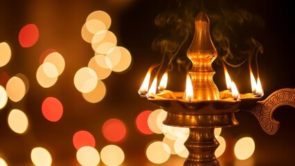 Elegant diya lamp illuminates festive bokeh background creating warm inviting glow perfect for Diwali or other celebration designs