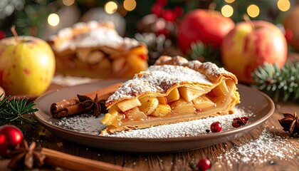 Warm Apple Pie Slice with Cinnamon Sticks and Fresh Apples Dusting of Powdered Sugar on a Rustic Wooden Table During Christmas Holiday Celebration with Bokeh Lights