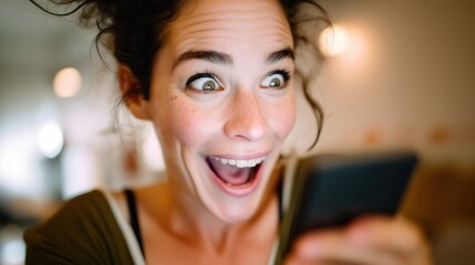 Jeune femme souriante et surprise tenant un téléphone portable