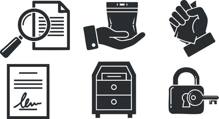A collection of legal and business icons including a document, handshake, magnifying glass, drawer, and lock in black and white vector style, perfect for financial and legal services branding