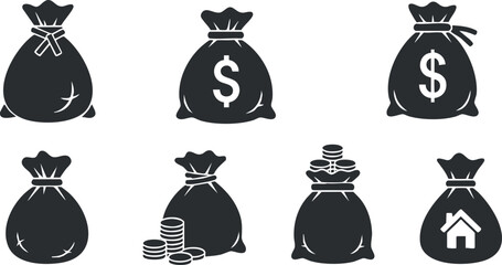 A collection of money bags, coins, and dollar symbols in black and white vector style, suitable for finance-related designs