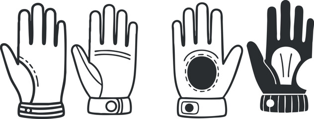 Fototapeta premium A collection of four different styles of gloves in black and white vector illustration, ideal for fashion and accessory design