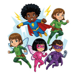 Diverse young superhero kids flying together with empowering energy © Photo Sell
