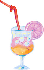 Watercolor Sketchy Pink Paloma Cocktail with Grapefruit Slice