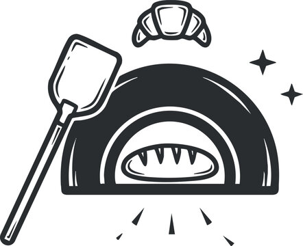 A black and white illustration of a bread oven with a shovel and a croissant, ideal for bakery branding and culinary projects