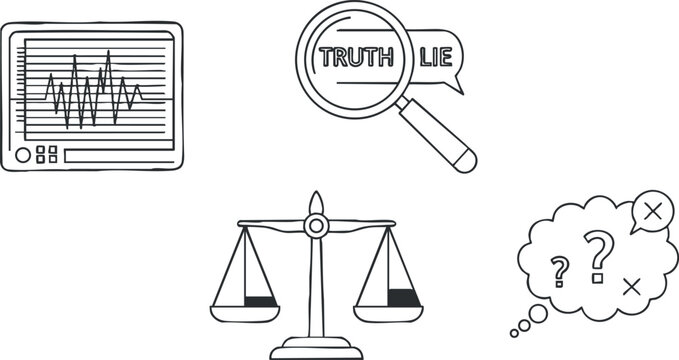 A collection of icons representing truth and lie concepts, including a scale, graph, and thought bubble in minimalist outline vector style, suitable for legal or analytical projects