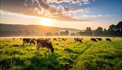 A herd of cows graze peacefully in a lush green meadow at sunrise. The sky is filled with warm colors and a soft, hazy light.