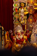 Subho mahalaya, An idol of hindu god Ganesh decorated in Pandal. Durga Puja is biggest religious festival of Hinduism and for bengalis and is now celebrated.