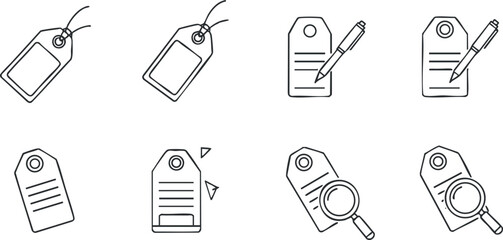 A collection of various tags and labels with writing tools in minimalist outline vector style, ideal for office and organizational design