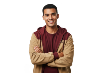 A young man with short dark hair and a warm smile stands confidently with his arms crossed wearing a stylish hooded jacket isolated on transparent background