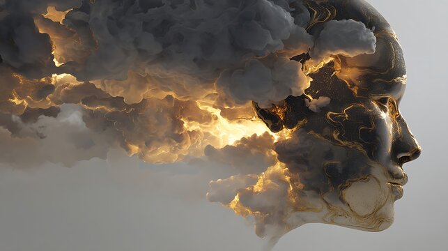 side profile of head dissolving into shadow smoke with golden light clash inside, symbolizing unseen emotional struggle, high detail surrealism, v7 