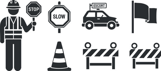 A set of construction and traffic safety icons in black and white vector style, ideal for signage and safety guidelines