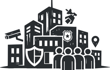 Fototapeta premium A modern urban cityscape featuring buildings, police symbols, security cameras, and people in black and white vector style, ideal for safety and security themes