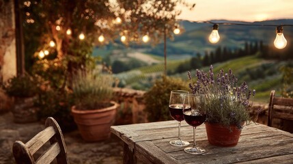 Outdoor table with wine and landscape