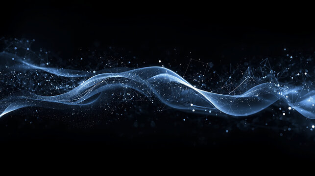 Abstract Blue Wave with Connected Particles Represents Digital Data Flow and Connectivity