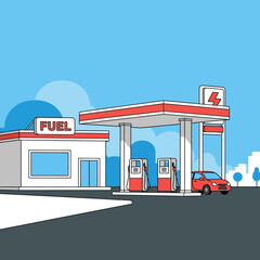 Modern gas station with car and fuel pumps in line art illustration
