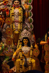 Subho mahalaya, An handmade colorful idol of hindu god kartikeya decorated in Pandal during navratri festival.