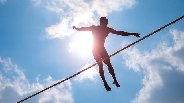 Silhouette Tightrope Walker Balancing Against Sun