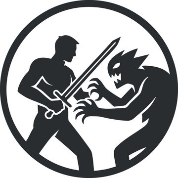 Fototapeta A silhouette of a hero wielding a sword facing a monstrous creature in black and white vector style, ideal for fantasy themes and game design