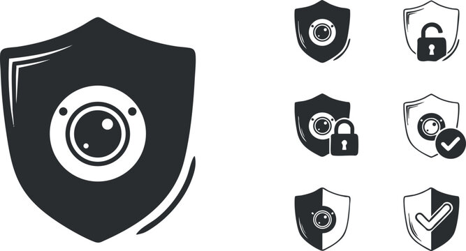 A collection of security shield icons featuring a camera, lock, and verified symbols in black and white vector style, ideal for technology and safety branding