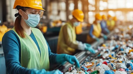 selective focus waste sorting station with conveyor belts and workers - Powered by Adobe