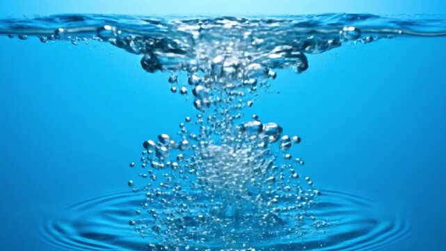 Slow-motion water splash hitting the surface, creating clusters of bubbles traveling upward, bright sky-blue reflections, cinematic clean motion with subtle ripples - Powered by Adobe